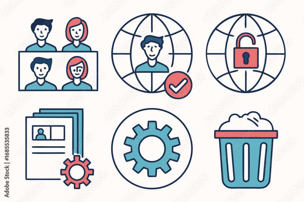Poster collection of modern flat design icons representing people global network security documents setting