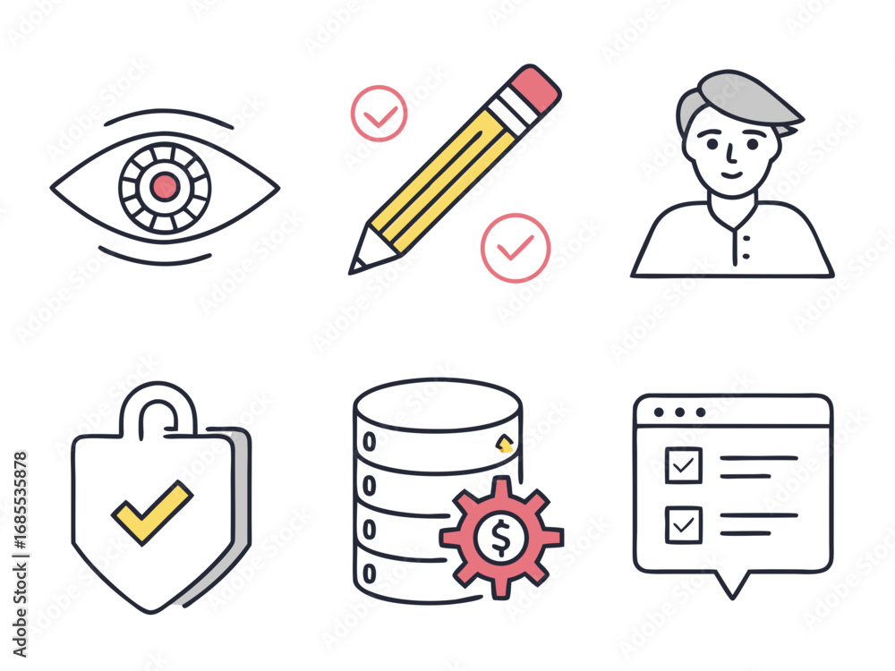 Poster collection of modern flat icons representing business concepts like vision writing user security dat