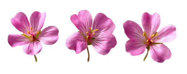 Three pink flowers with outlined petals, isolated on a black background