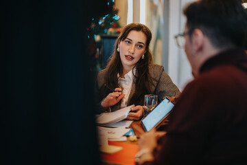 Colleagues engage in a focused business discussion over documents and technology at an informal workspace.