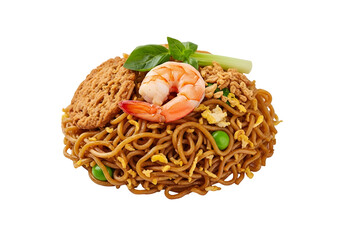 A flavorful mound of noodles, topped with shrimp, savory biscuits, peas, and garnished with fresh herbs.