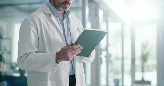 Hands, thinking and tablet with doctor in hospital for cancer biopsy review, healthcare history and test results. Medical case diagnostic, treatment plan and reflection with mature man in clinic