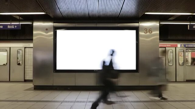 Subway Station Platform with Blank Billboard and Passing Train and Pedestrian
