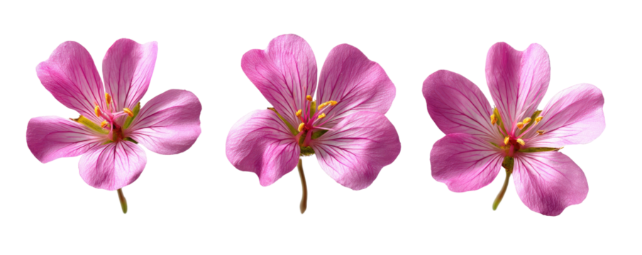 Three pink flowers with outlined petals, isolated on a black background