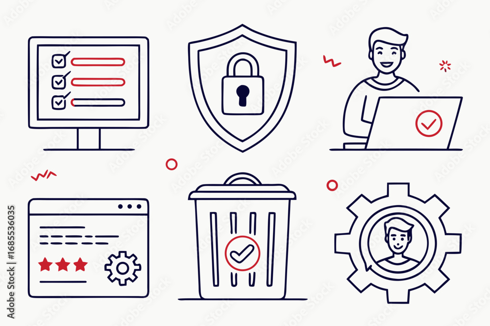 Poster collection of modern line art icons representing cybersecurity data management and user profile sett