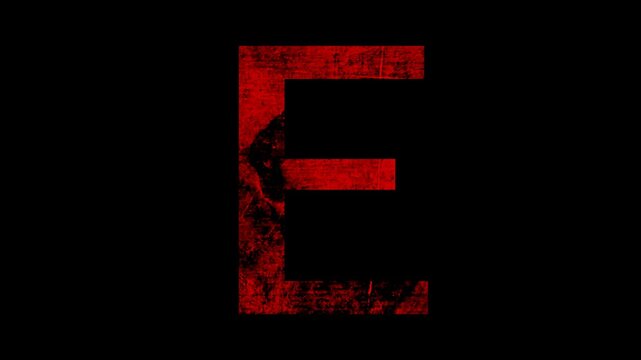Grungy red and black textured letter E animation, horror-themed graphic element for cinematic projects in 4k