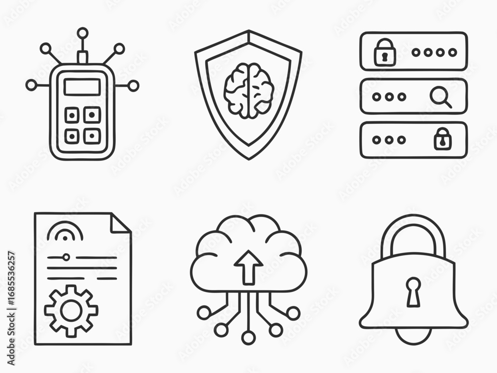 Aufkleber collection of modern technology and security icons including ai brain cloud upload and digital lock