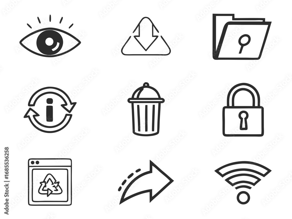 Aufkleber collection of nine simple black and white line art icons representing common digital functions and c