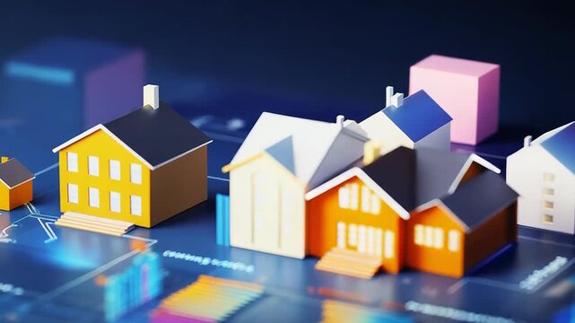 Real estate market analysis showing miniature houses on futuristic interactive screen