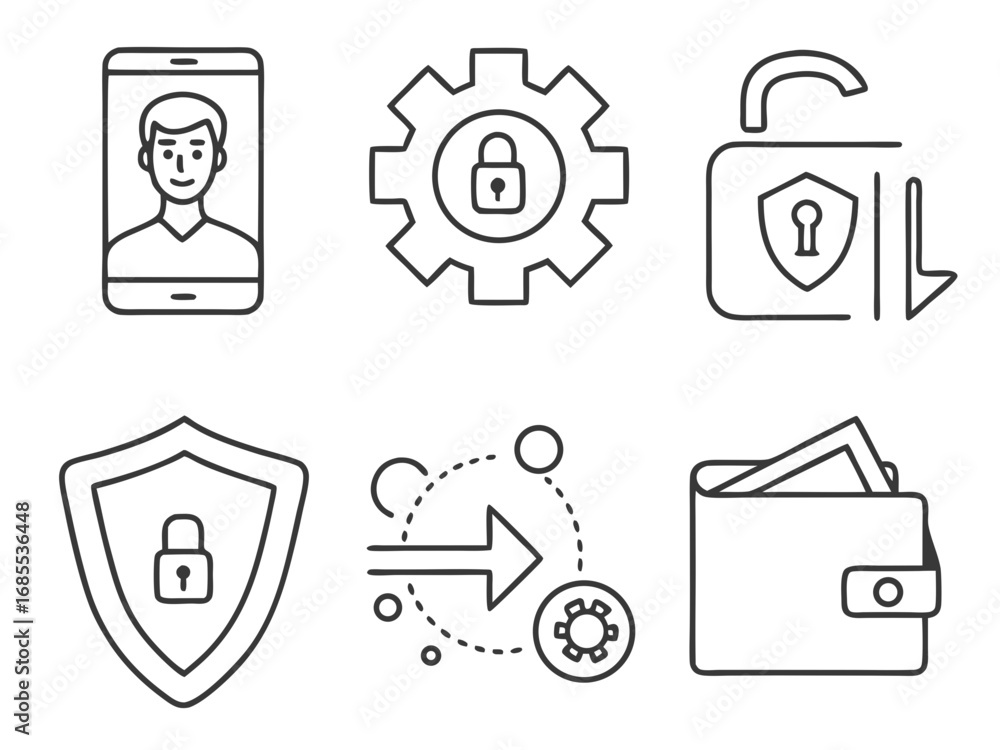 Poster collection of security and finance related icons including face recognition gear lock unlocked padlo
