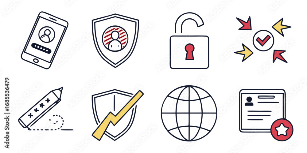 Poster collection of security and privacy icons including smartphone login protected profile unlocked padlo
