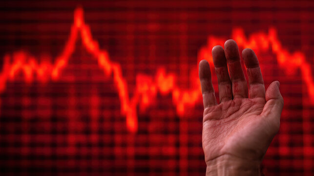A hand reaches out against a red background featuring a fluctuating line graph, symbolizing urgency or distress in a financial context.
