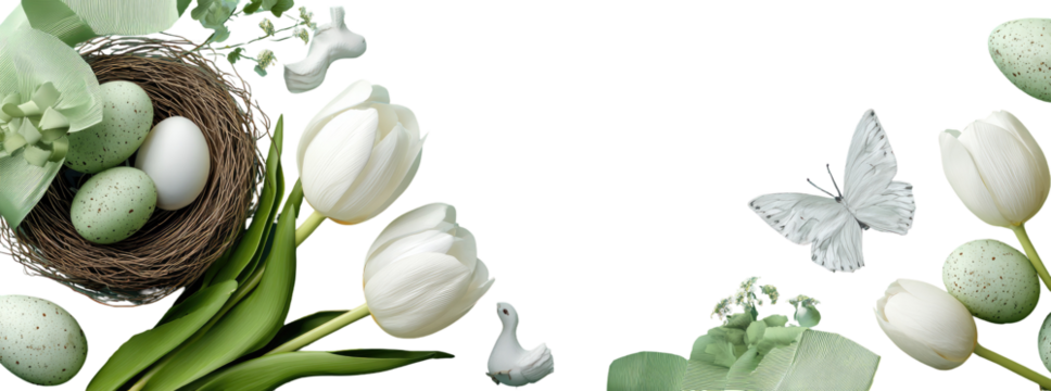 Spring floral arrangement with eggs, tulips, and a butterfly - Powered by Adobe