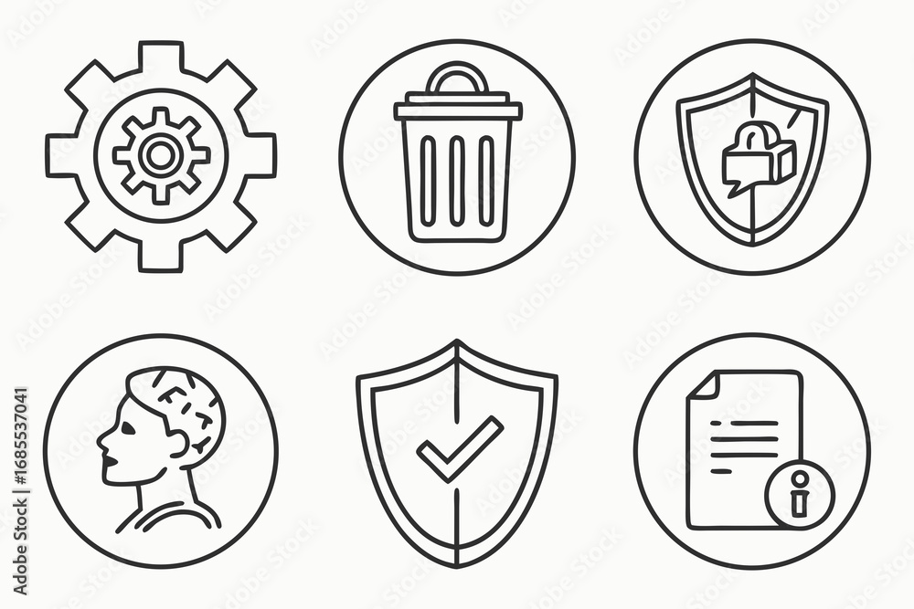 Poster collection of six modern outline icons representing technology security and information concepts on 