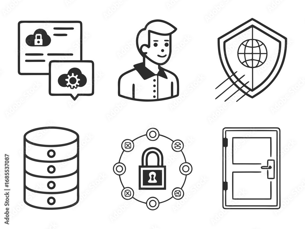 Aufkleber collection of six simple line art icons representing cloud security data management and personal acc