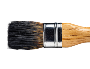 Close-up of a paintbrush, dark bristles, light wooden handle, and metal ferrule