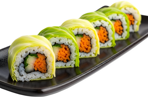 Energy booster of nutrition meal photo of a row of sushi rolls wrapped in green cabbage leaves on a dark plate, isolated on a transparent background - Powered by Adobe