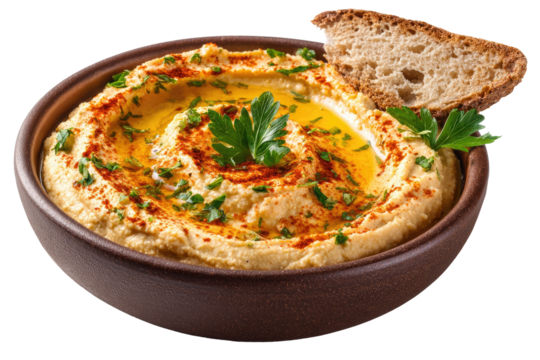Creamy hummus in a brown bowl, garnished with parsley and a sprinkle of red spice, topped with a slice of toasted bread