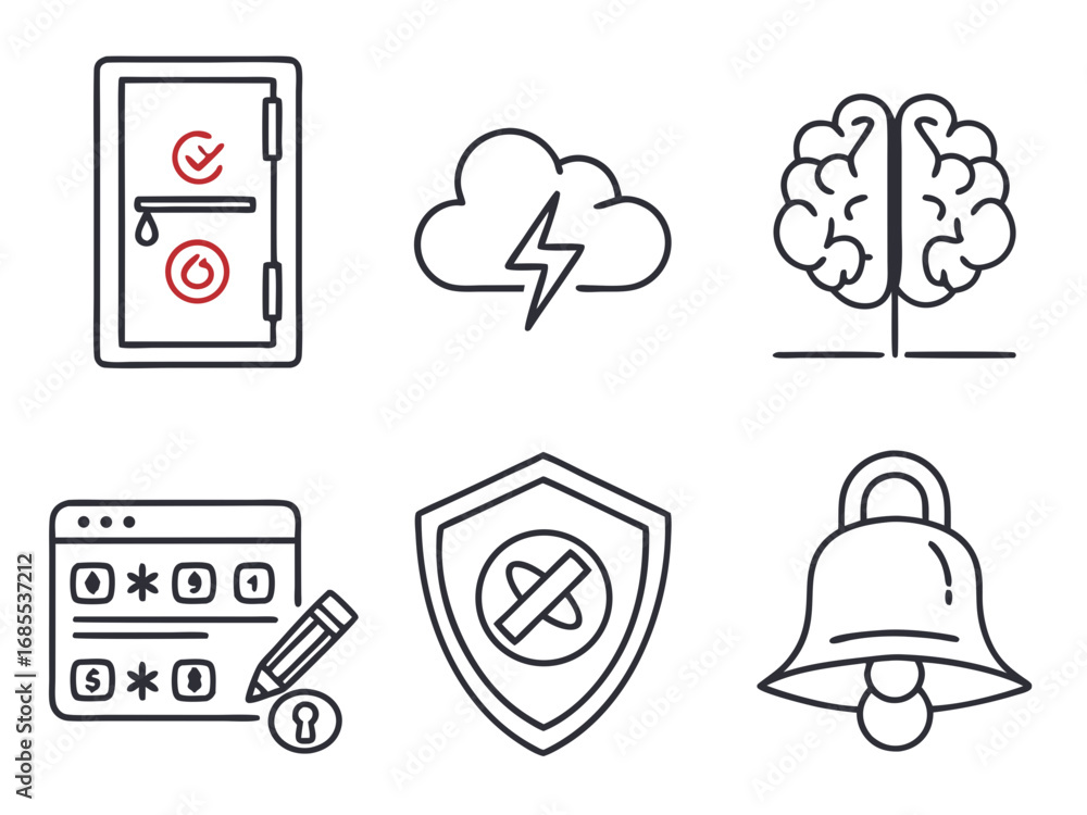 Poster collection of six simple outline icons representing security ideas and alerts on a white background