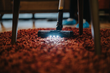 A person is using an illuminated vacuum cleaner on a textured, red carpet, highlighting the...
