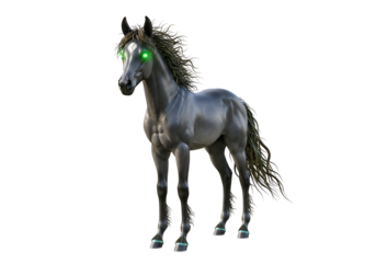 A majestic, gray horse with vibrant green eyes stands against a stark black backdrop.