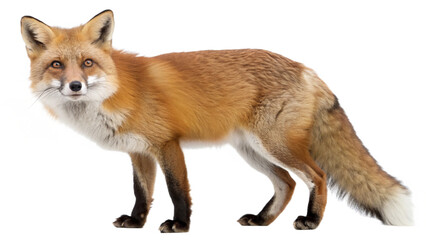 A realistic full-body portrait of a red fox standing gracefully, isolated on a transparent background PNG
