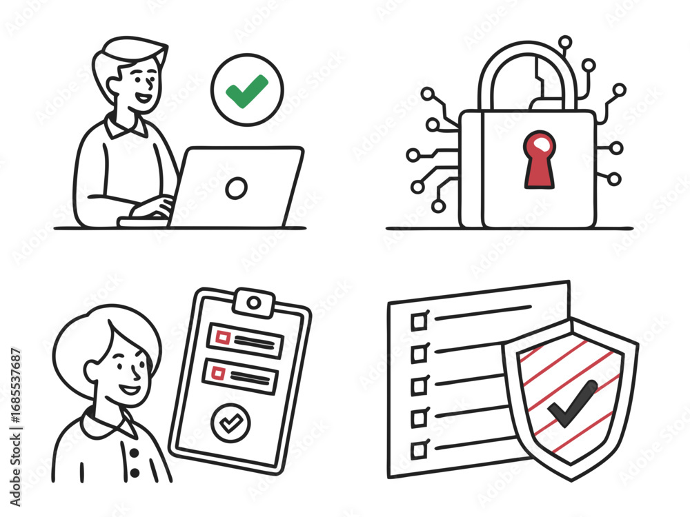 Aufkleber digital security and verification concepts illustrated with icons of people laptops locks and checkl