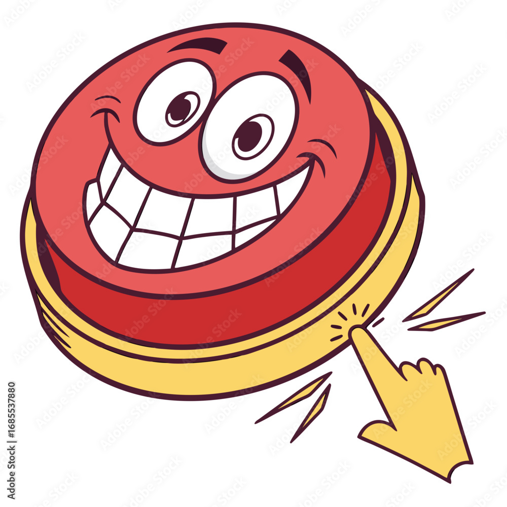 Poster happy cartoon red button with a smiling face being pressed by a finger cursor