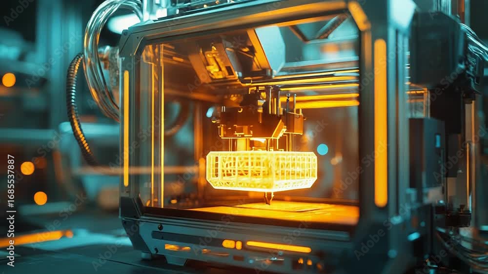 Poster futuristic 3d printer creating object in laboratory setting