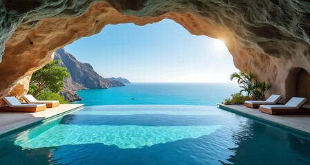 Luxury cave hotel infinity pool overlooking turquoise ocean and dramatic cliffs