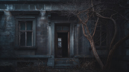 Fototapeta premium Creepy abandoned house with open door and tree in dark moody setting