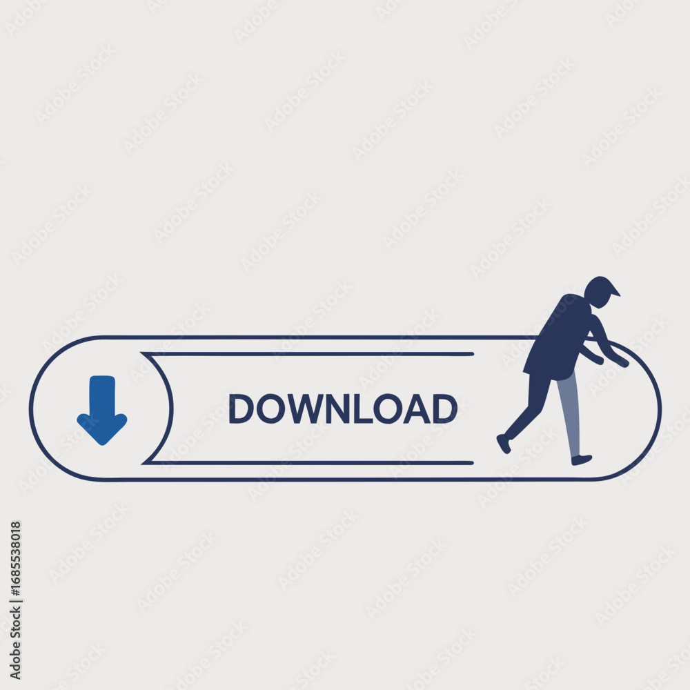 Poster man pushing a download button with an arrow icon symbolizing data transfer and digital information