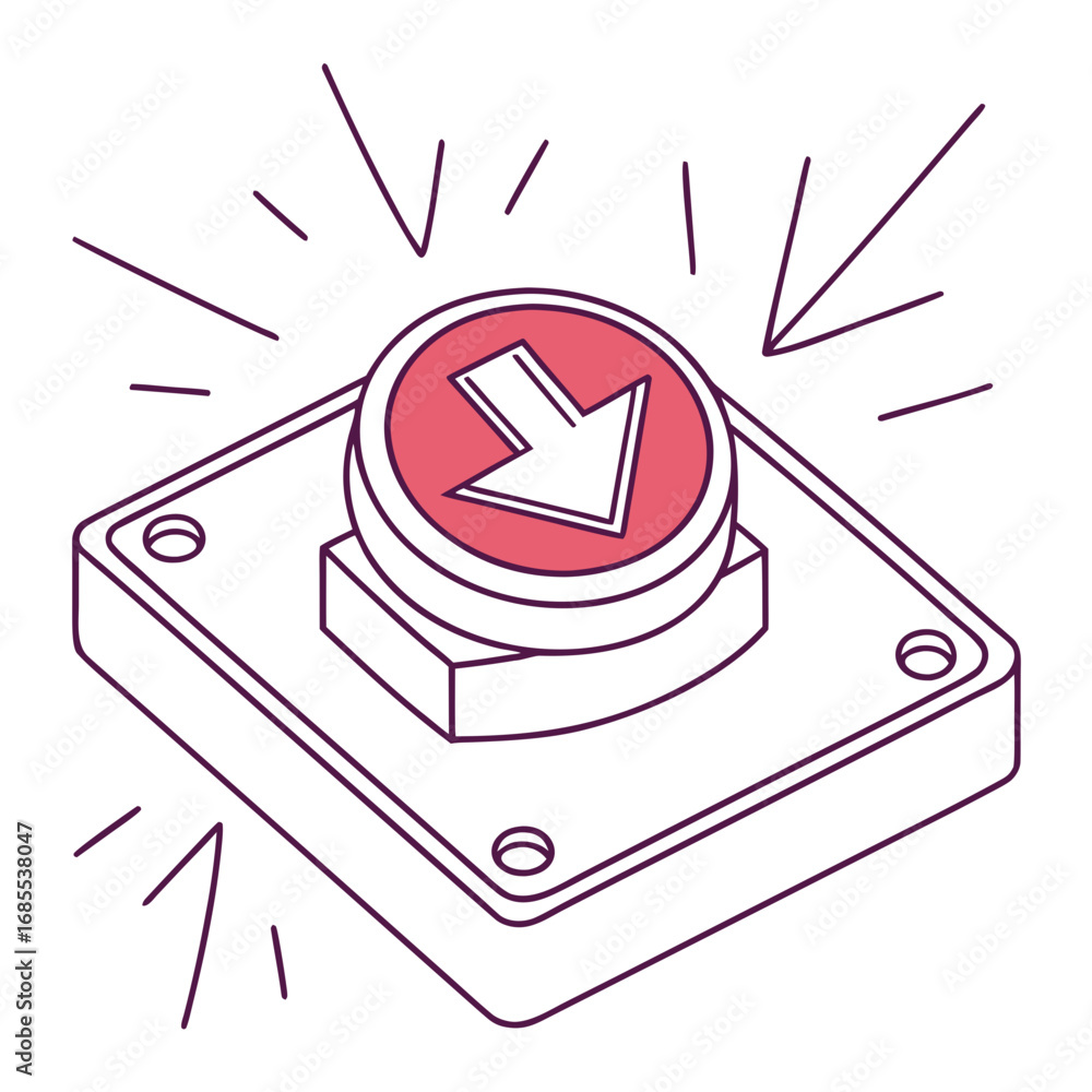 Leinwandbilder red button with a down arrow symbol on a square base with radiating lines indicating action or activ