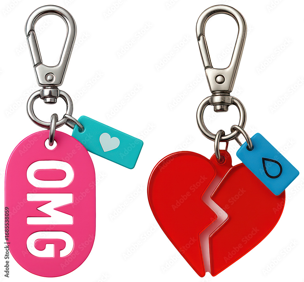 Poster png colorful keychains with playful designs, element set on transparent background