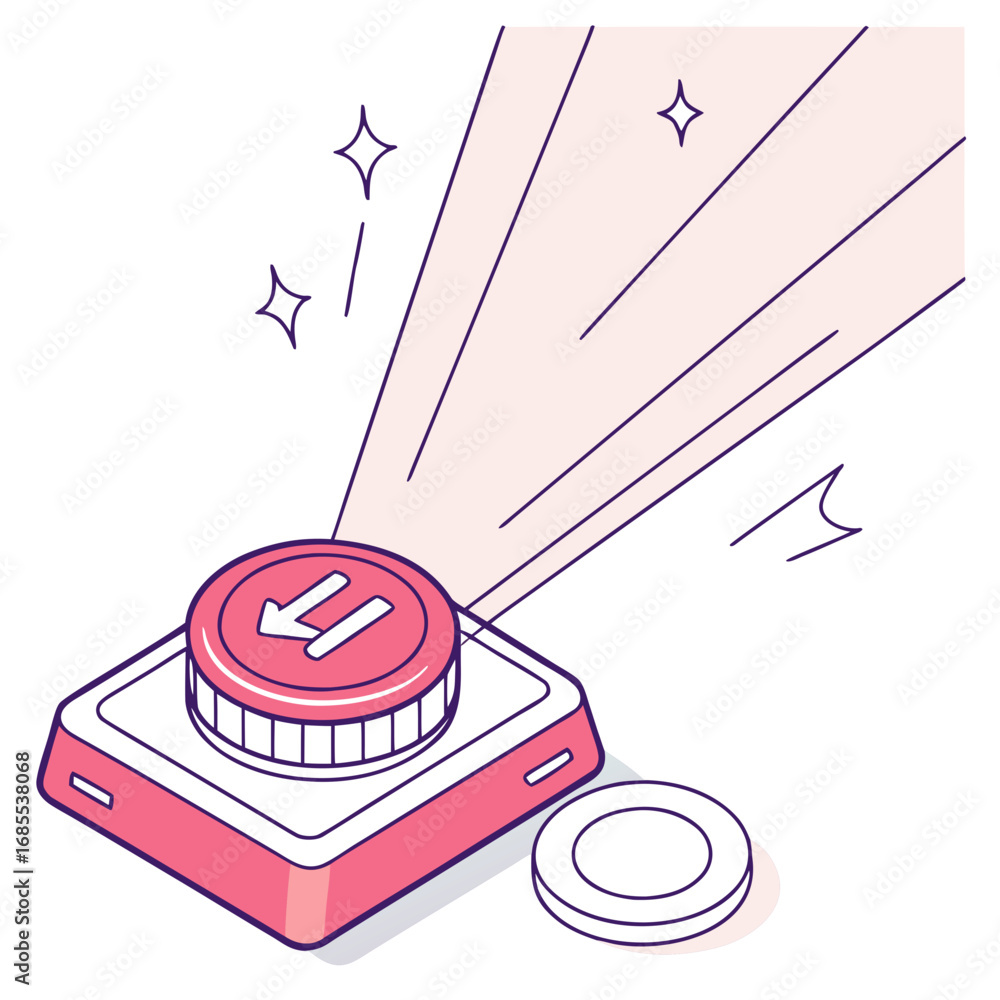 Leinwandbilder red button with circular arrow symbol and light rays emanating upwards representing action or a deci