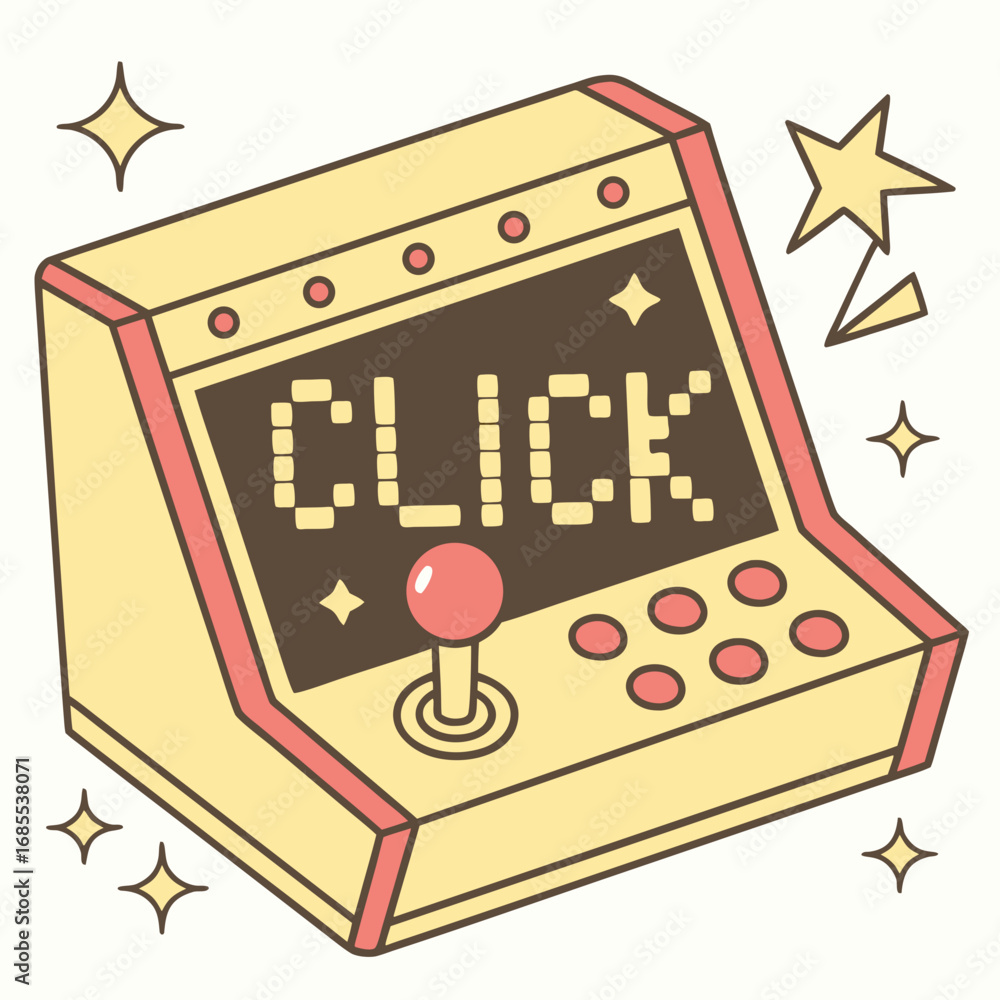 Leinwandbilder retro arcade game machine with the word click displayed on its pixelated screen surrounded by stars