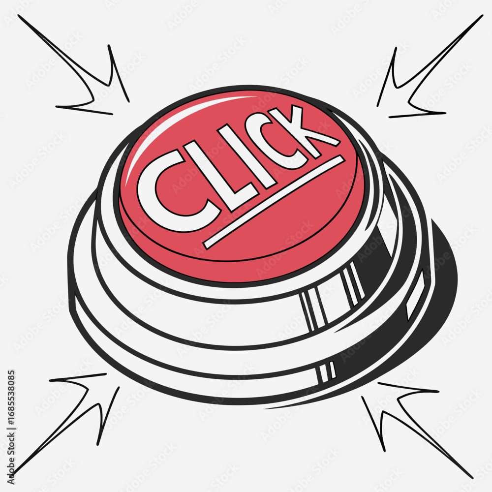 Fototapete red button with the word click in white letters and arrows pointing towards it