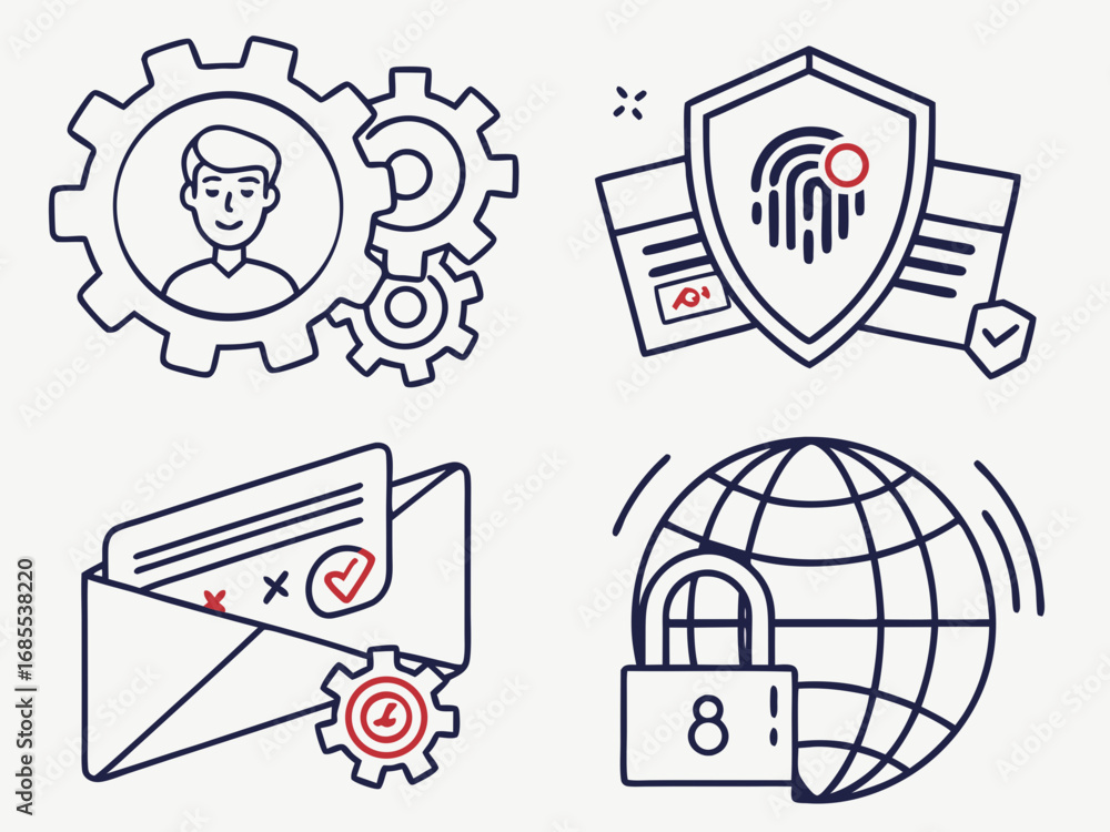Poster set of four icons representing digital security personal data protection email verification and glob