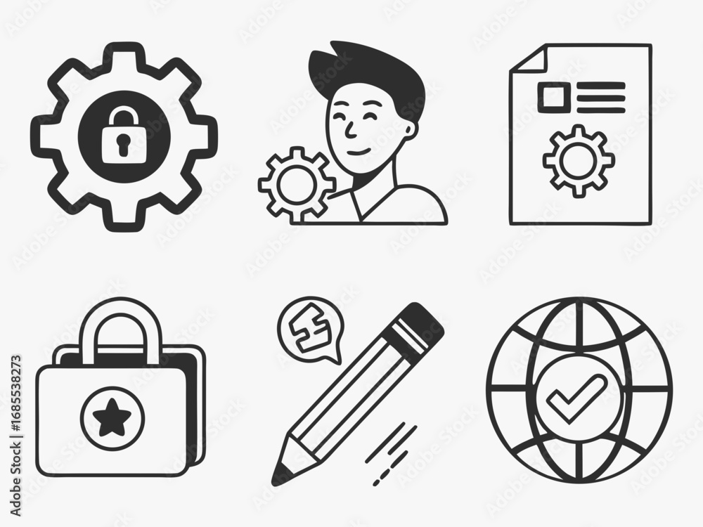 Poster set of hand drawn icons representing business processes security and global operations