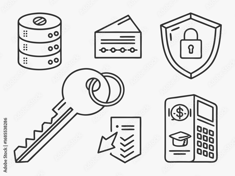 Aufkleber set of icons representing data security access financial transactions and educational achievements w