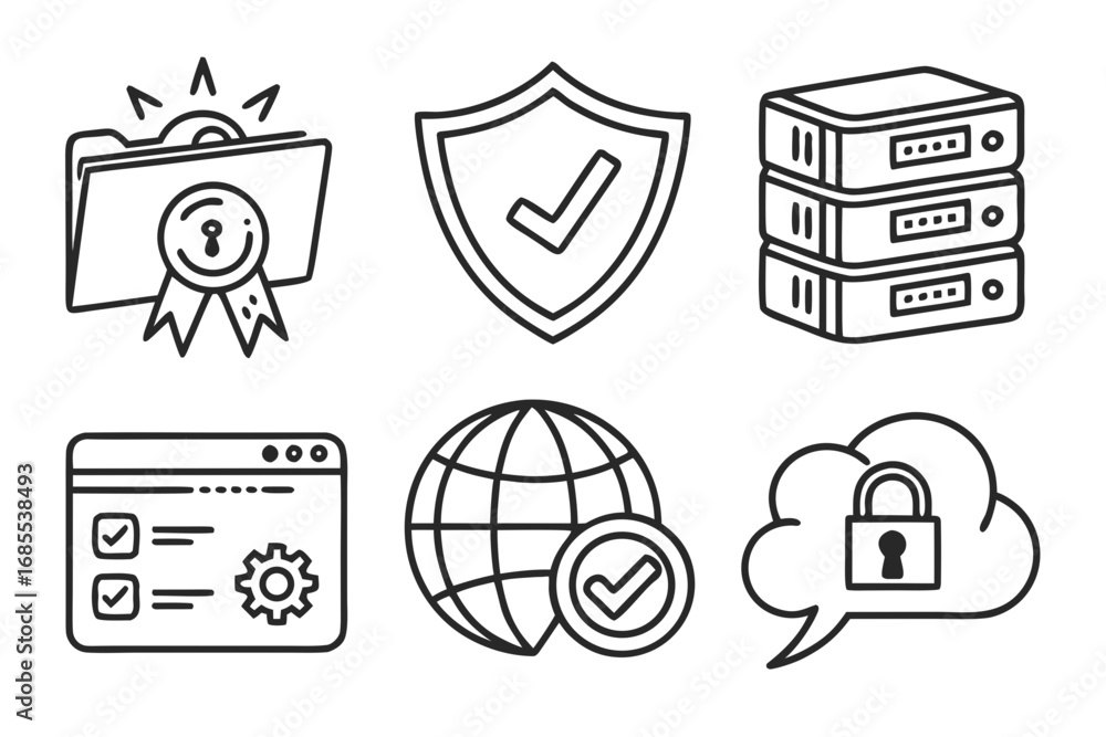 Aufkleber set of six modern line icons representing security data and online services with checkmarks and lock