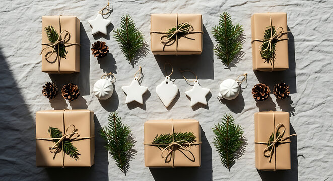 Arrangement of wrapped gifts, ornaments, pine branches, and pinecones on a textured white surface, creating a festive holiday scene. - Powered by Adobe