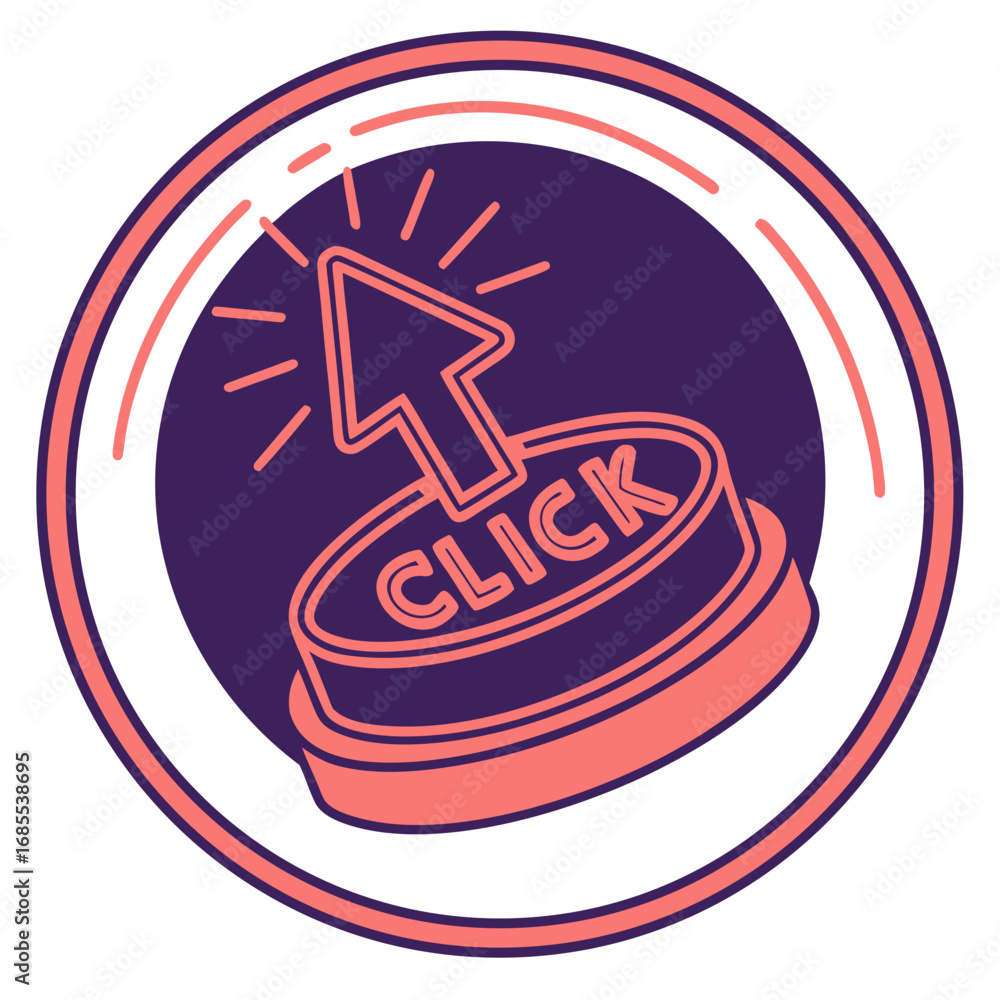 Fototapete stylized illustration of a cursor clicking a button with the word click in a circular frame