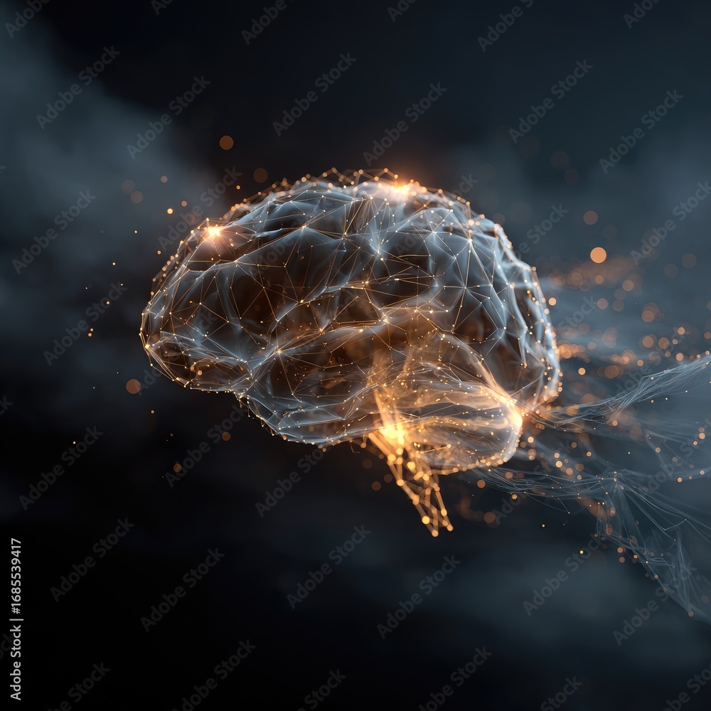 Poster wireframe brain graphic with glowing nodes and connections against a dark cloudy background