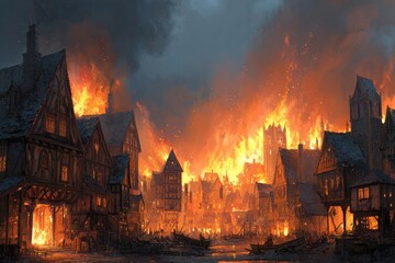 Medieval Fantasy Town Amidst Fiery Flames: A Dramatic Scene of Smoke and Ash
