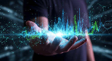 Man holding futuristic data stream in his hand visualizing technology innovation and digital transformation for future business development