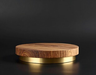 Circular wooden podium on black background