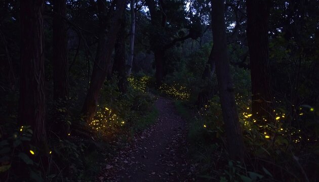 Path in a dark forest at night, lit by fireflies