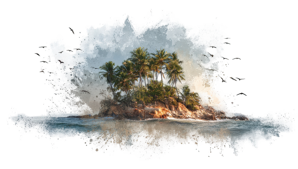 Tropical island framed by abstract brushstrokes