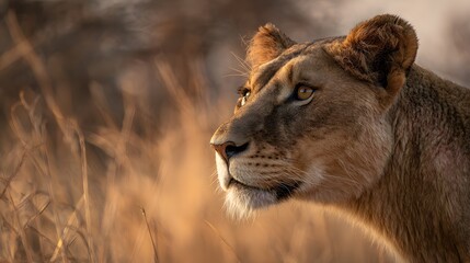 Naklejka premium Close-up of a lioness in sunset light on savanna